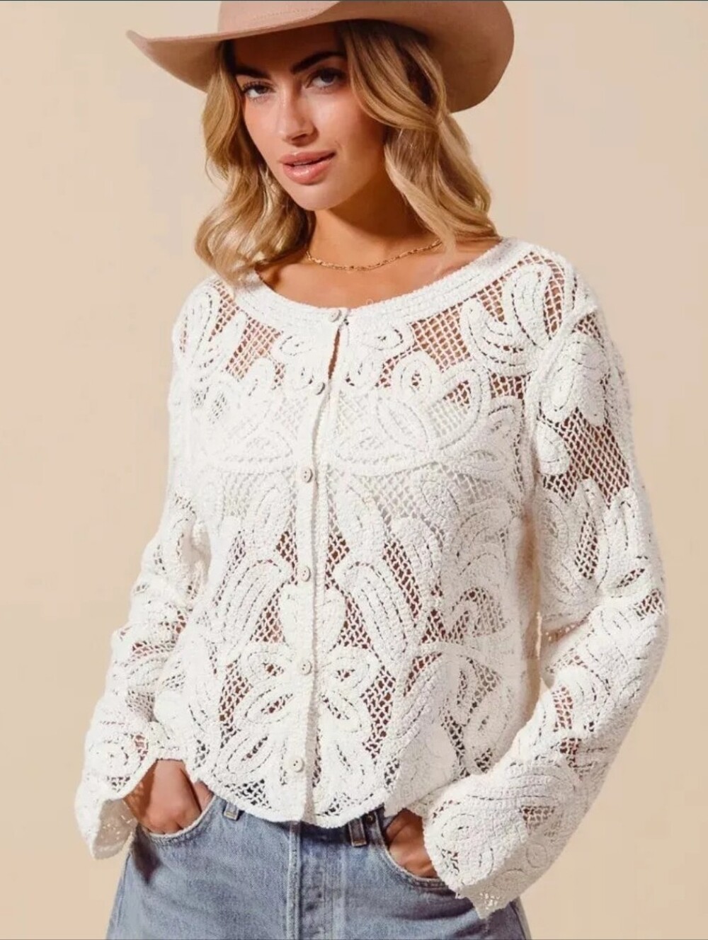Off White Crochet Button-Front Cardigan Boho Floral Crochet Lace Boutique NWT